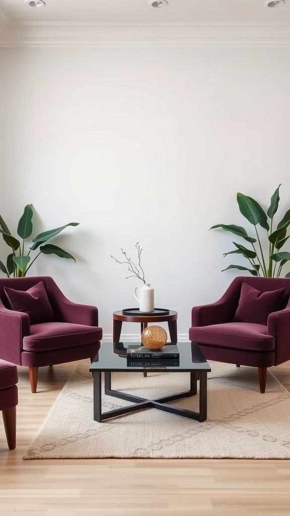 A cozy living room featuring two plum accent chairs, a black coffee table, and greenery.