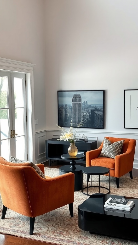 Living room with two rust-colored accent chairs, black furniture, and modern decor.