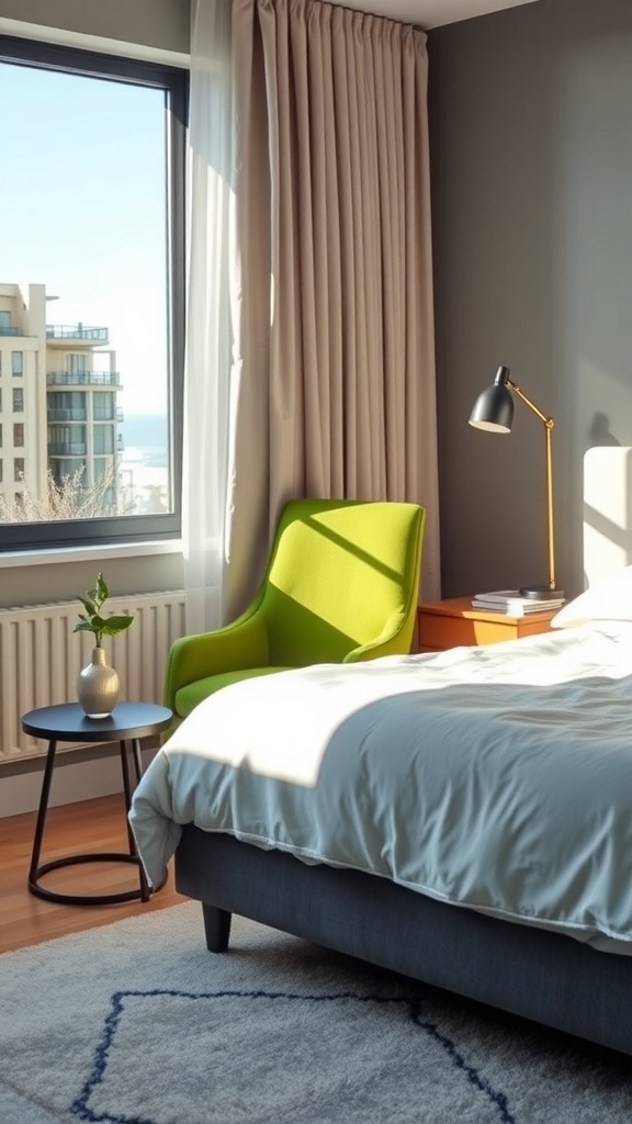 A bright green chair in a modern bedroom with a cozy atmosphere.