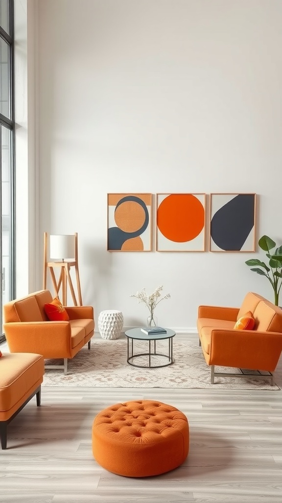 A bright living room featuring orange sofas, an orange pouf, and circular artwork on the wall.