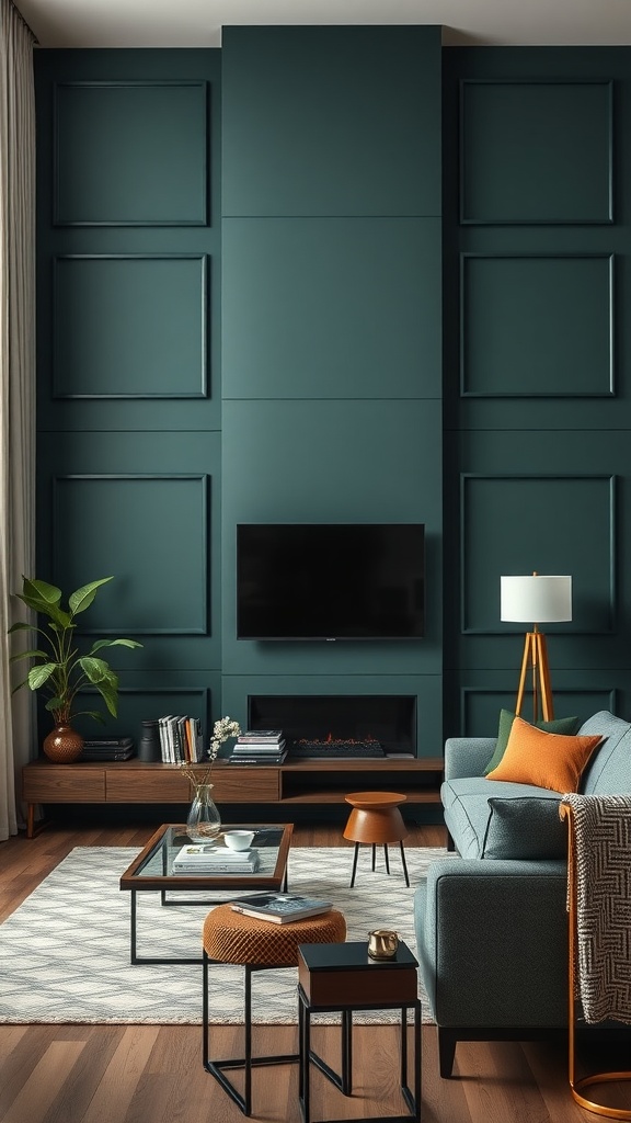 A stylish living room featuring a forest green accent wall with decorative panels, complemented by cozy furniture and decor.