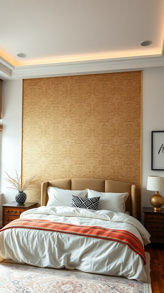 A cozy bedroom featuring a gold accent wall with textured wallpaper, light-colored bedding, and elegant decor.