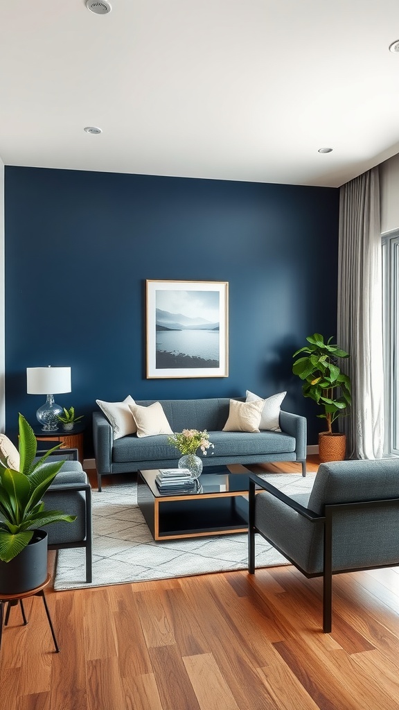 A living room with a navy blue accent wall, featuring modern furniture and plants.