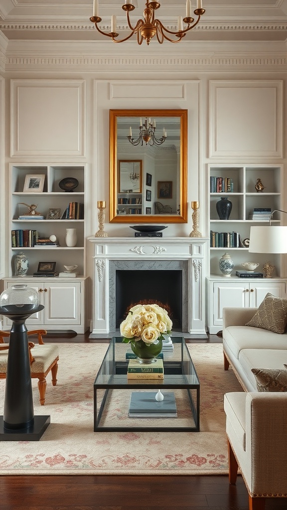 A formal living room featuring a chandelier, mirror, decorative accents, and elegant furniture.