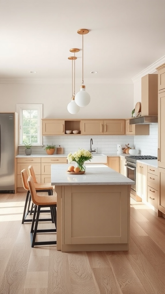 A modern kitchen featuring a beige kitchen island with a light countertop, stylish stools, and pendant lighting.