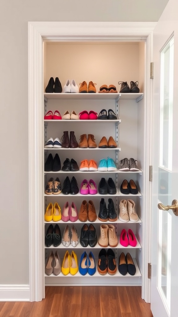 Image of a well-organized shoe rack with various types of shoes arranged by color