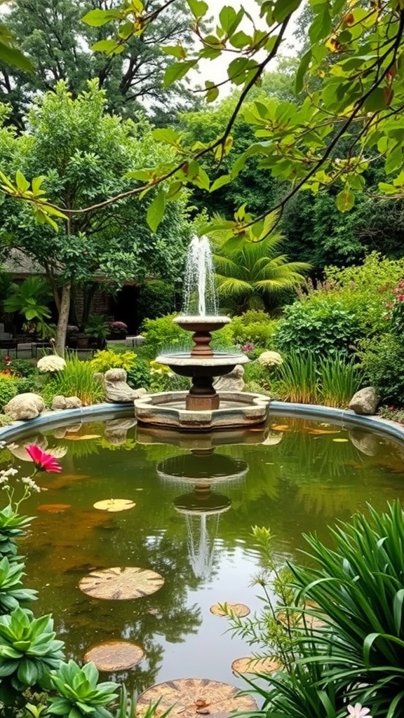 A tranquil garden featuring a central fountain surrounded by lush greenery and water lilies.