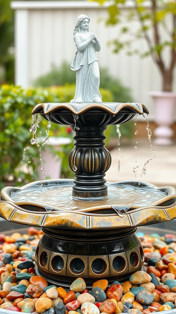 A detailed view of a garden fountain with a statue and colorful decorative stones around it.