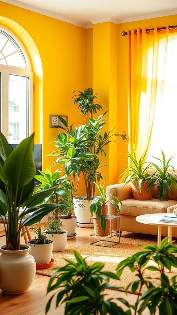 A bright yellow living room filled with various indoor plants, showcasing a cozy and vibrant atmosphere.