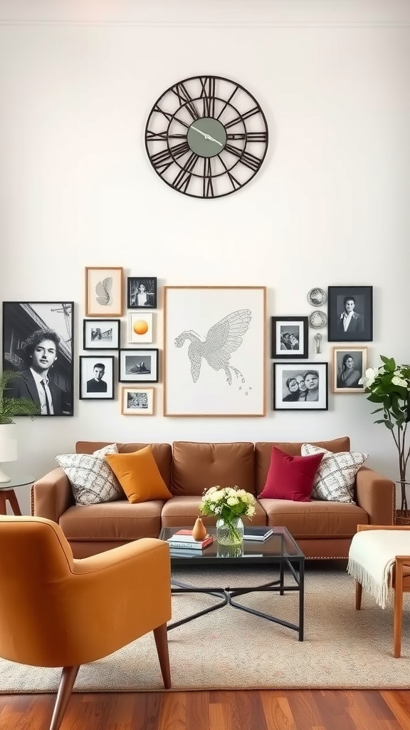 A cozy living room with a mix of framed art, a large wall clock, and colorful cushions on the sofa.