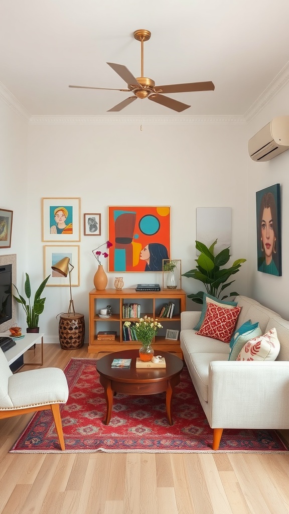 Cozy living room featuring colorful artwork on the walls, a comfortable sofa, and indoor plants.