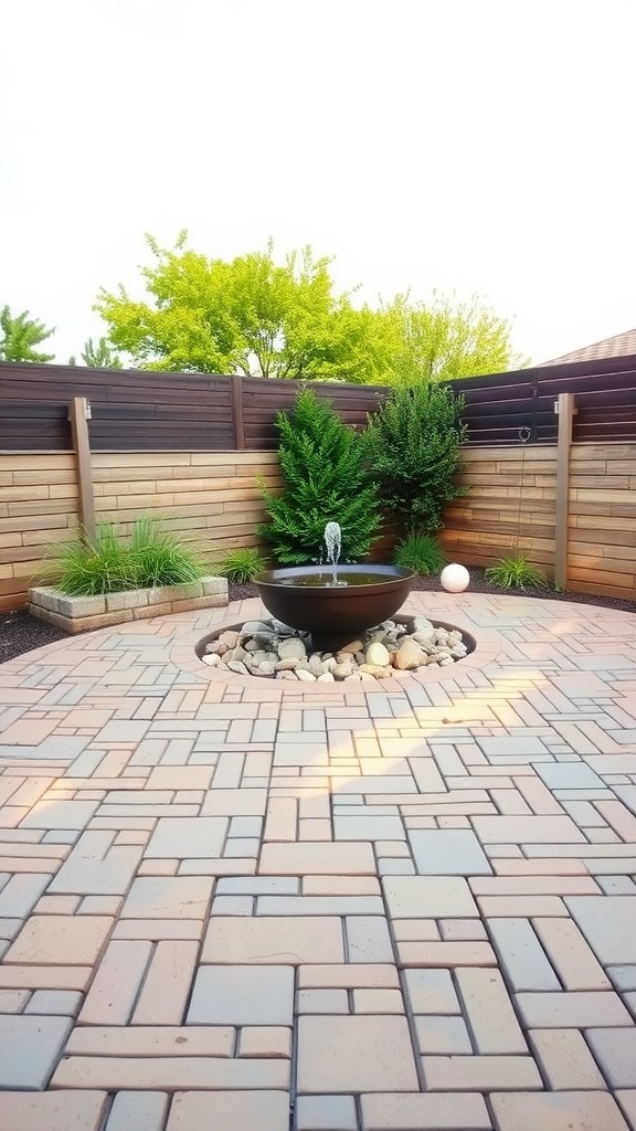 A serene paver patio featuring a bowl fountain surrounded by stones and lush greenery.