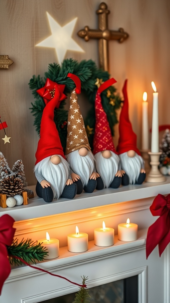 A festive mantel decorated with miniature gnomes, candles, and a wreath