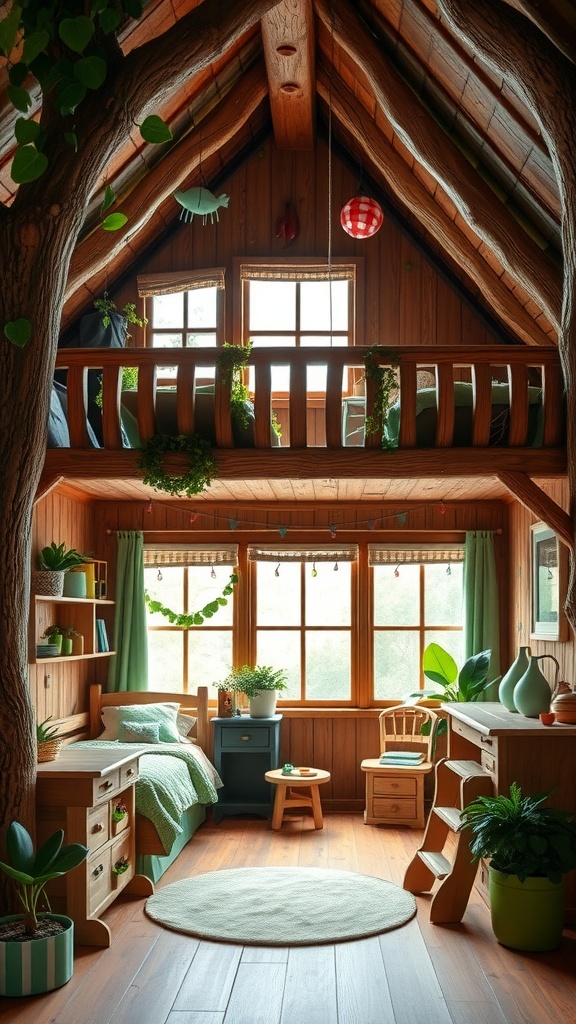 A cozy treehouse-style bedroom with wooden walls, large windows, plants, and a loft bed.