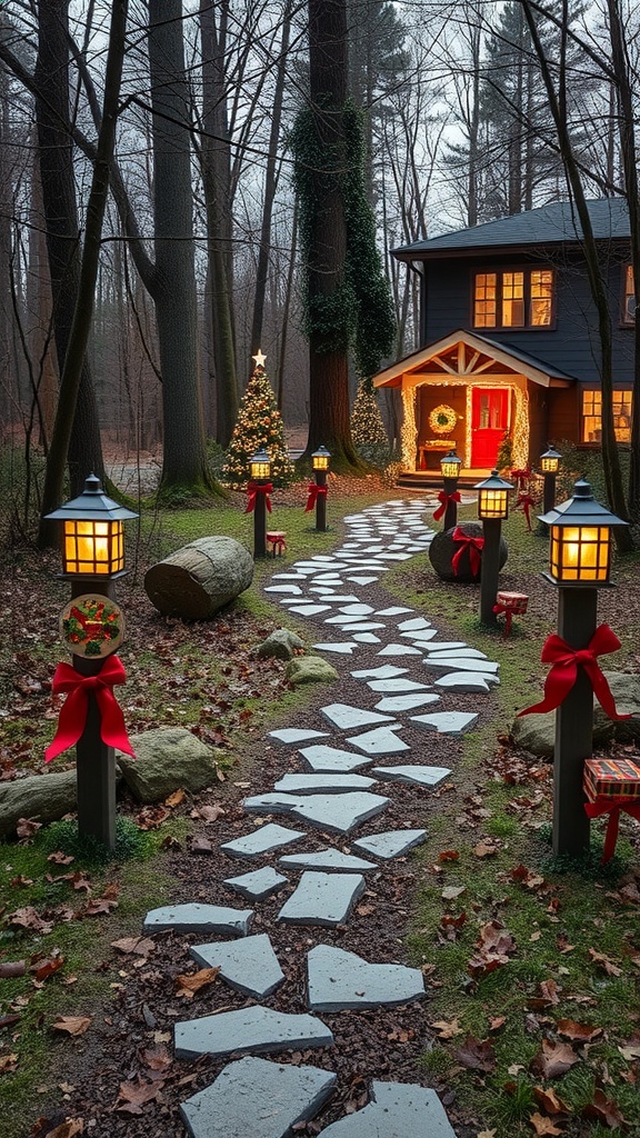 A cozy house decorated for Christmas with a stone path lined with festive lanterns and bows.