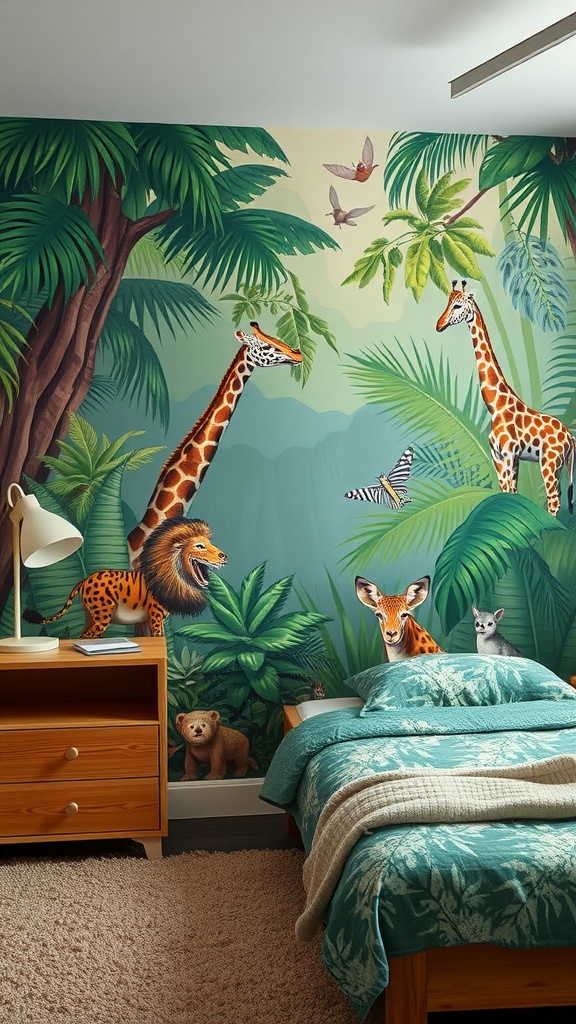 A jungle-themed mural in a child's bedroom featuring giraffes, a lion, and lush greenery.