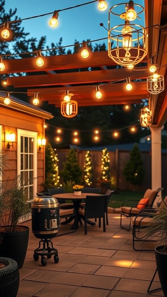 A cozy backyard patio illuminated with ambient string lights, featuring a dining table and a grill.