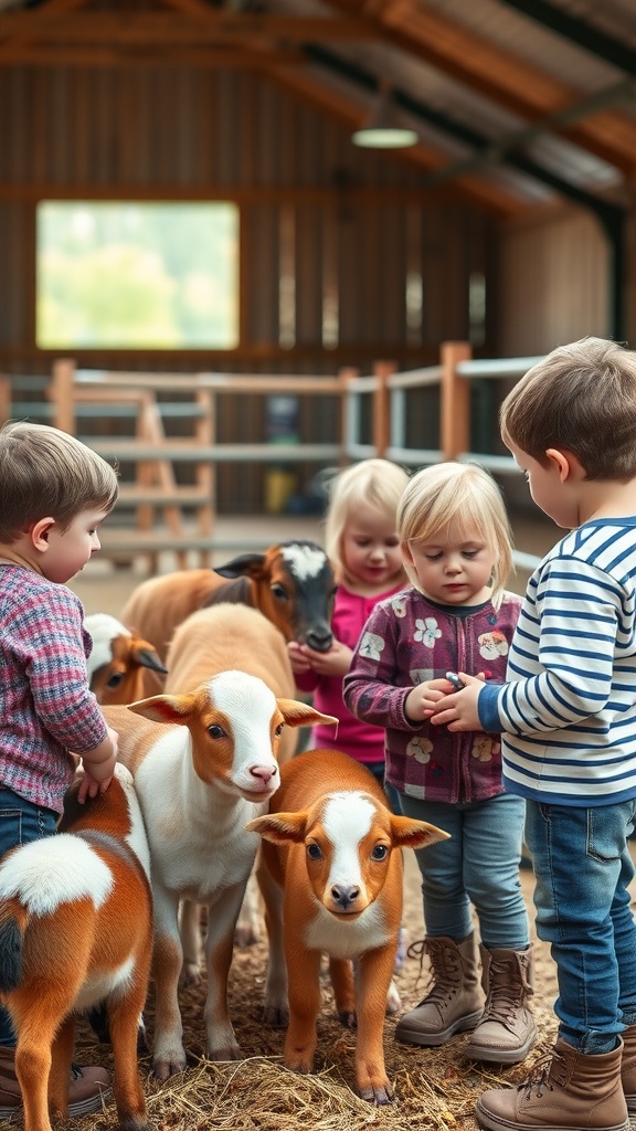 Children interacting with calves in a farm setting, promoting animal adoption