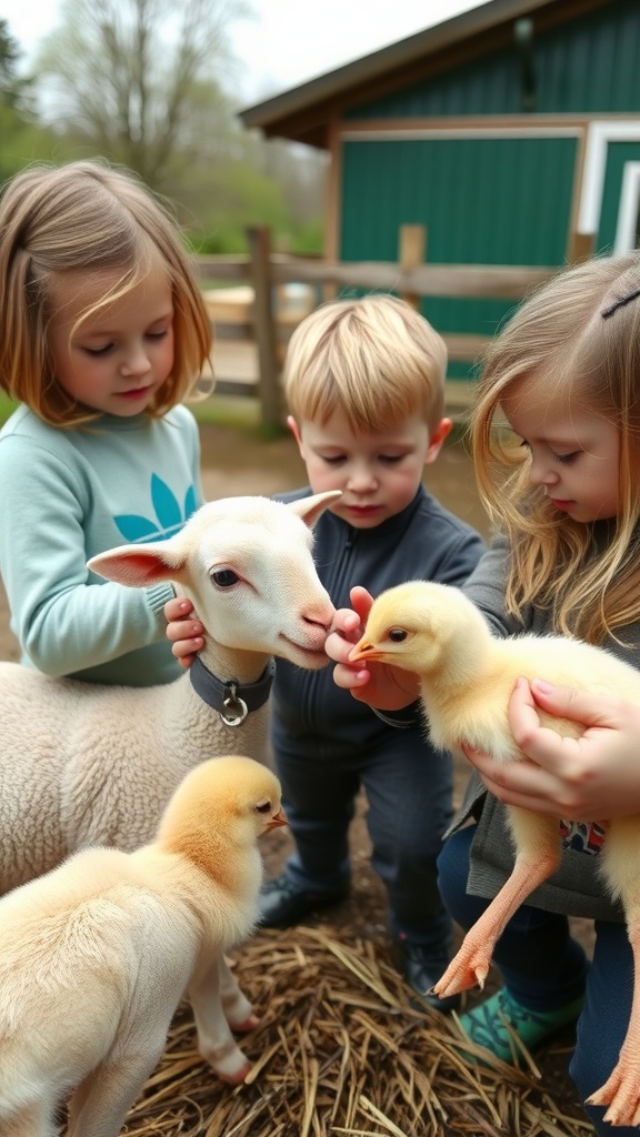 Children interacting with a sheep and chicks in a farm setting