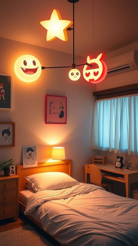 A cozy anime-themed bedroom featuring playful lighting fixtures with star and smiley designs.