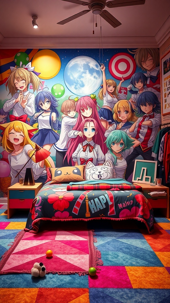 A vibrant anime character wall mural in a colorful bedroom, featuring various anime characters, a cozy bed, and a playful rug.