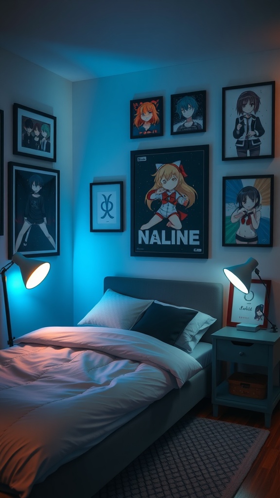 A cozy bedroom with anime posters and art on the walls, featuring blue and warm lighting.