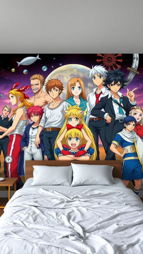 Anime wall mural featuring various characters in a colorful design.