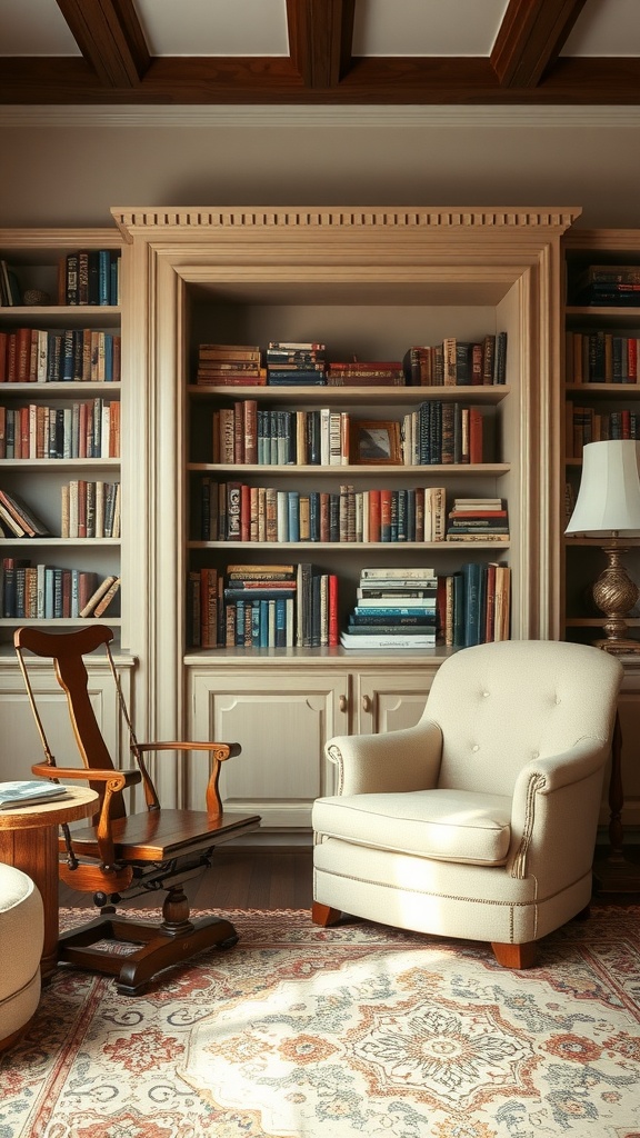 Cozy living room with antique furnishings, featuring a cream armchair, wooden chair, and bookshelves filled with books.