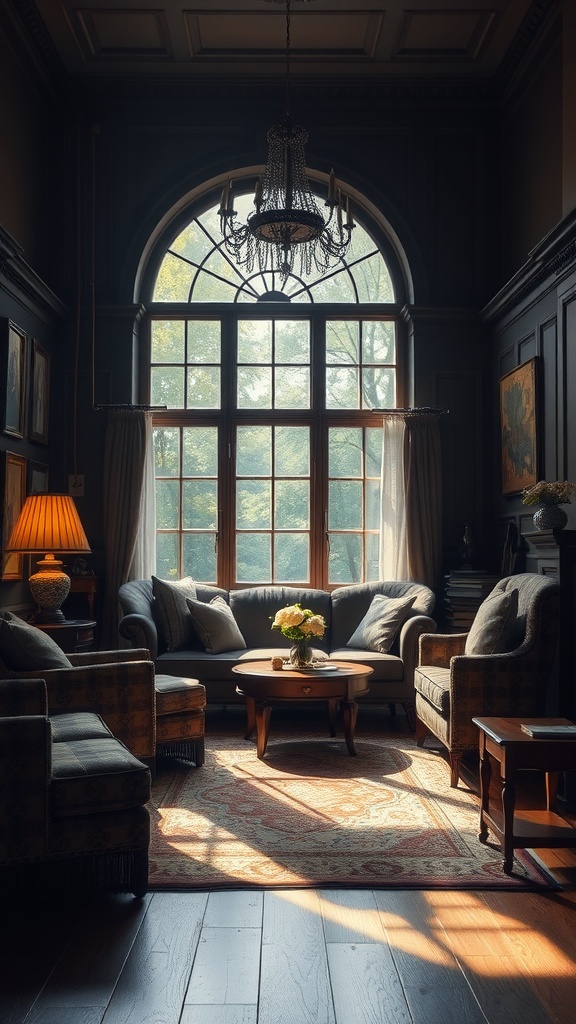 A cozy dark academia living room featuring antique furniture, large windows, and warm lighting.