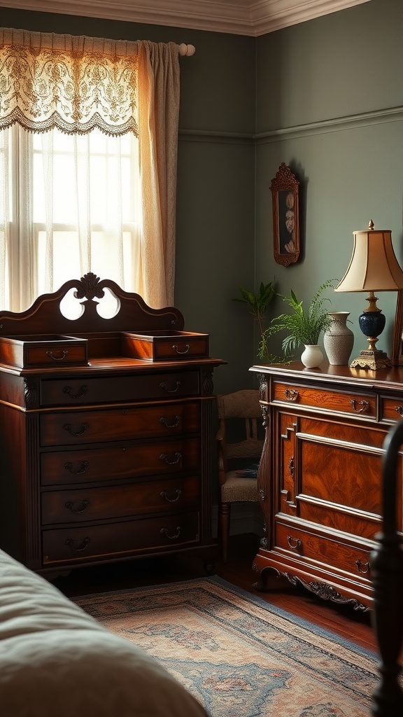 A vintage bedroom with antique wooden furniture, lace curtains, and warm lighting.