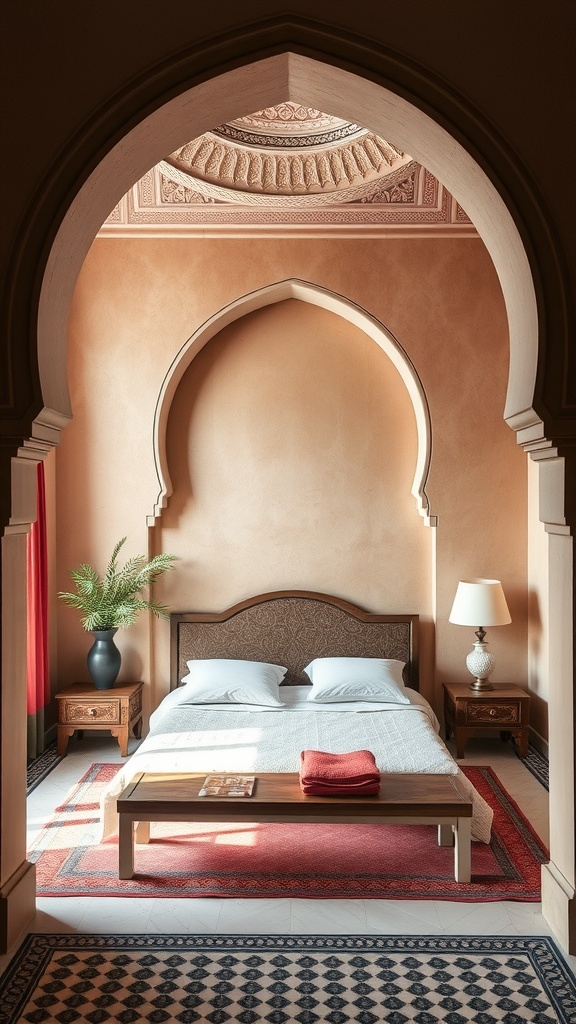 A Moroccan bedroom featuring elegant archways, a cozy bed, and rich decor.