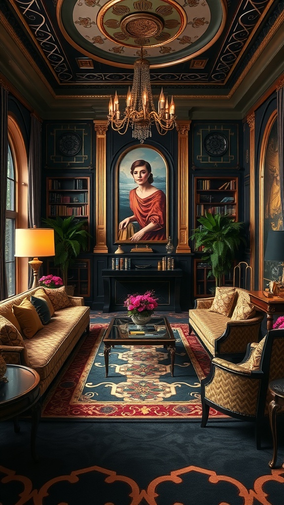 Luxurious Art Deco living room with ornate decor, plush seating, and a striking portrait.