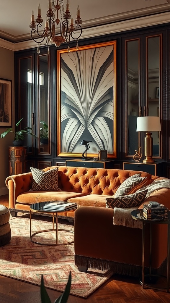 Elegant living room featuring a brown tufted sofa, Art Deco style decor, and a striking wall art piece.