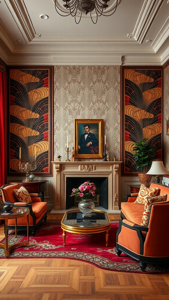 A beautifully decorated living room featuring Art Deco style wallpaper, rich colors, and elegant furniture.