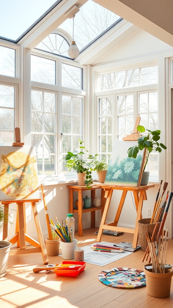 A sunny art studio with easels, artwork, and plants, creating a bright and inviting atmosphere.