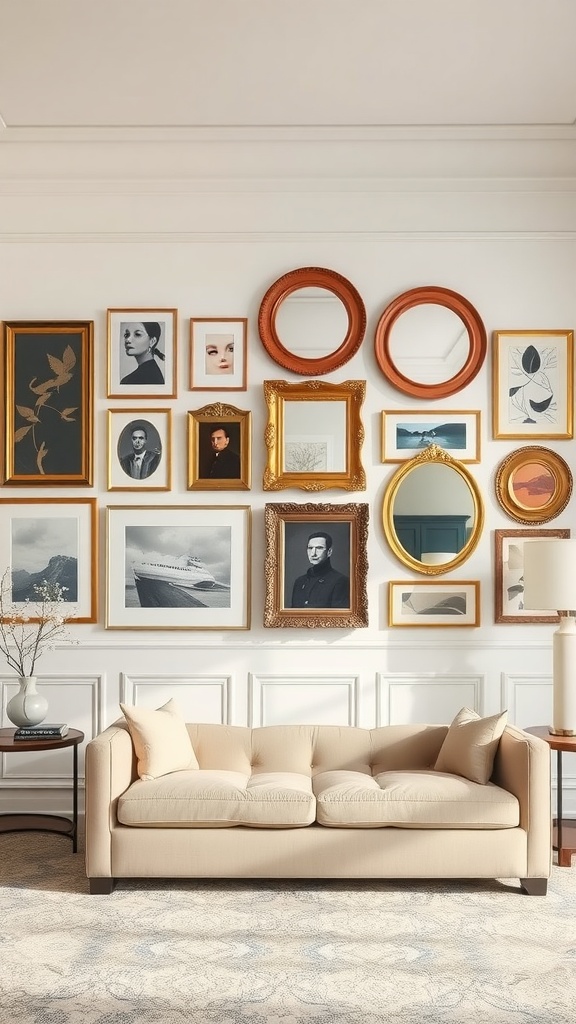 A gallery wall with various framed art and photographs above a beige sofa in a formal living room.