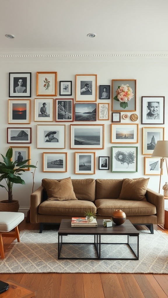 A cozy living room featuring a gallery wall with various framed artworks and photographs, a brown sofa, and a coffee table.