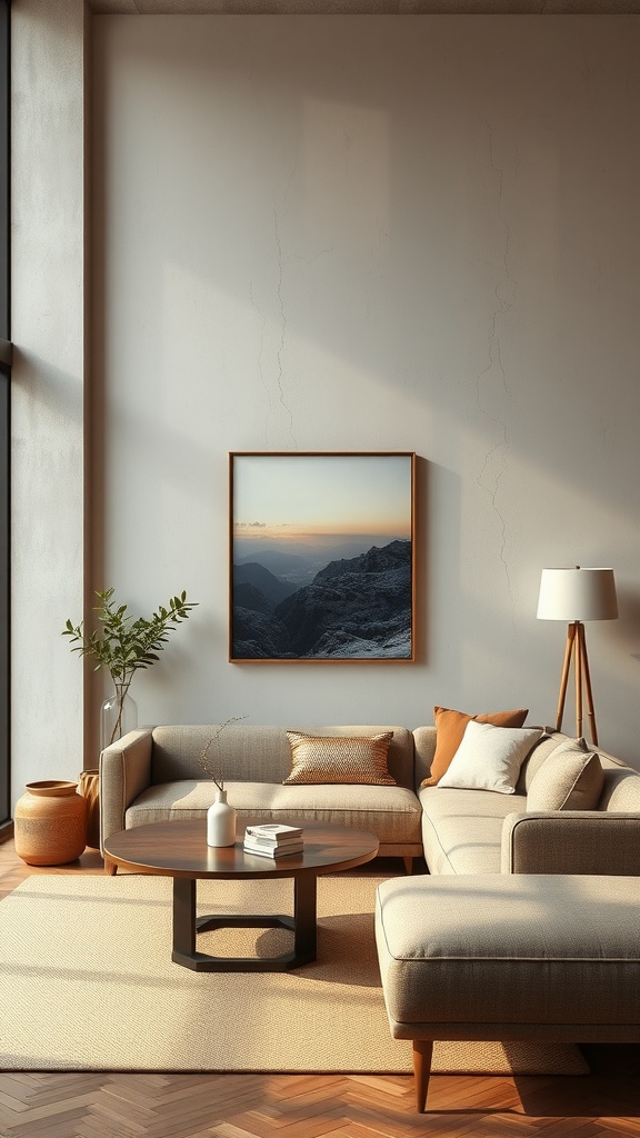 A cozy Japandi living room with a neutral wall, framed landscape art, and natural elements.