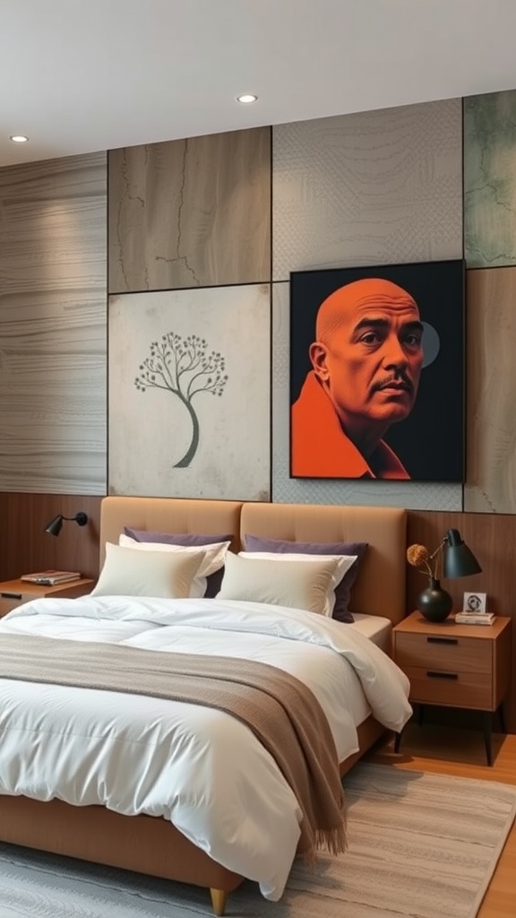 A modern luxury bedroom featuring artful wall treatments with wood panels and a striking artwork.