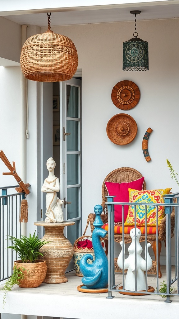 A stylish boho chic balcony featuring artistic decor and accessories.