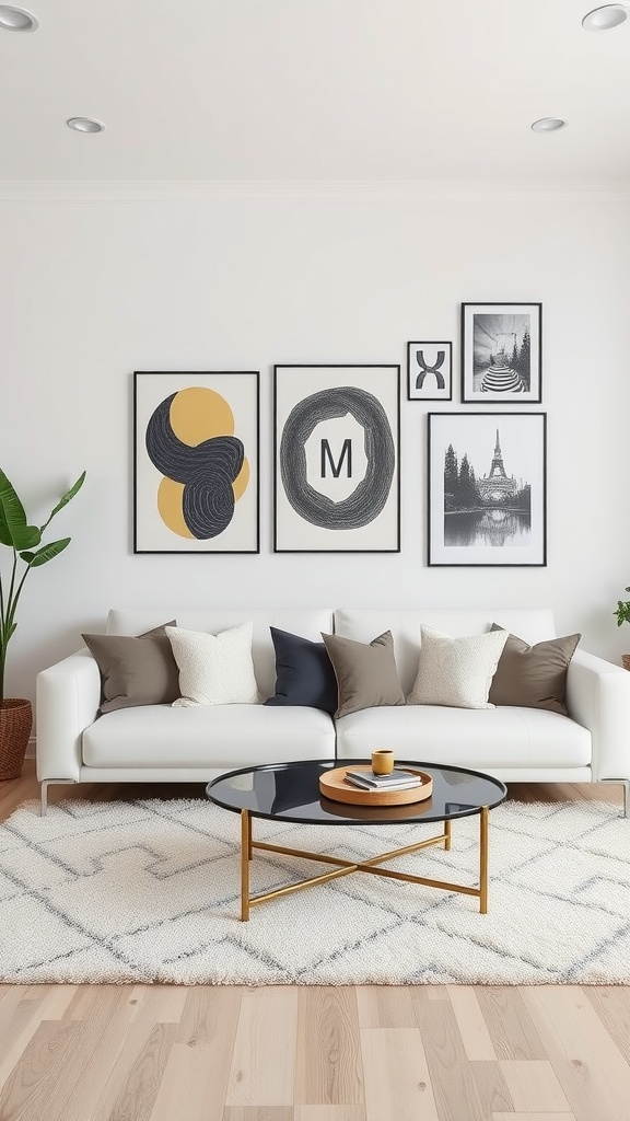 A stylish living room with a white couch, decorative pillows, and a gallery wall featuring various framed artworks.