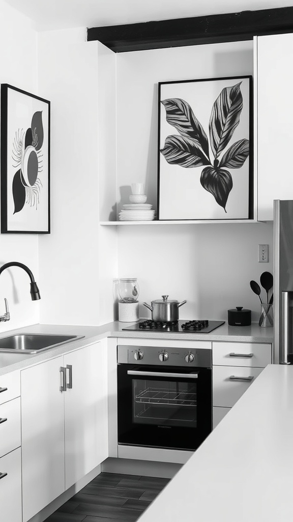 A modern kitchen featuring black and white wall art with floral designs.