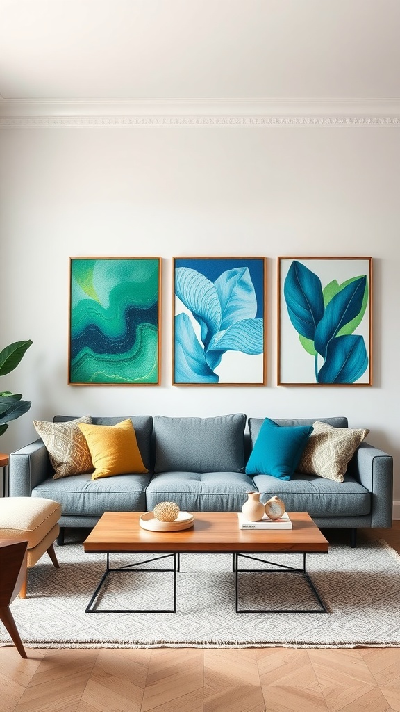 A modern living room featuring blue and green wall art above a gray couch with colorful pillows.