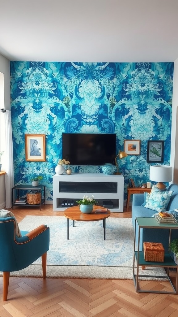 Living room with a blue-themed wall mural featuring intricate designs, comfortable seating, and stylish decor.