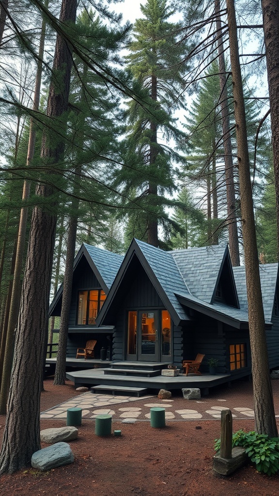 A stylish cabin in a forest setting with unique architectural features and a welcoming porch