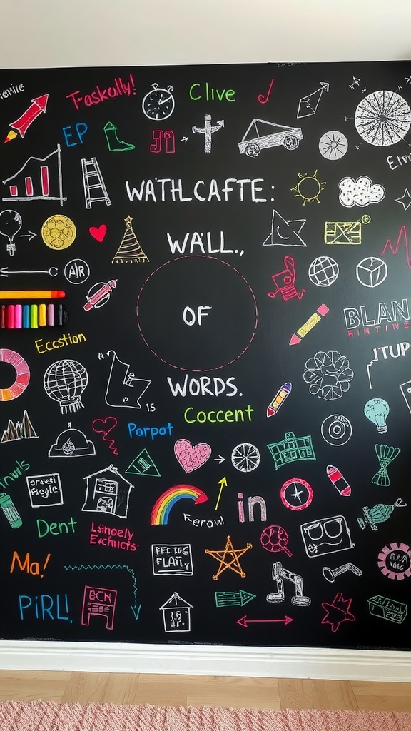 A colorful chalkboard wall filled with drawings, doodles, and words, inspiring creativity in a kids' bedroom.