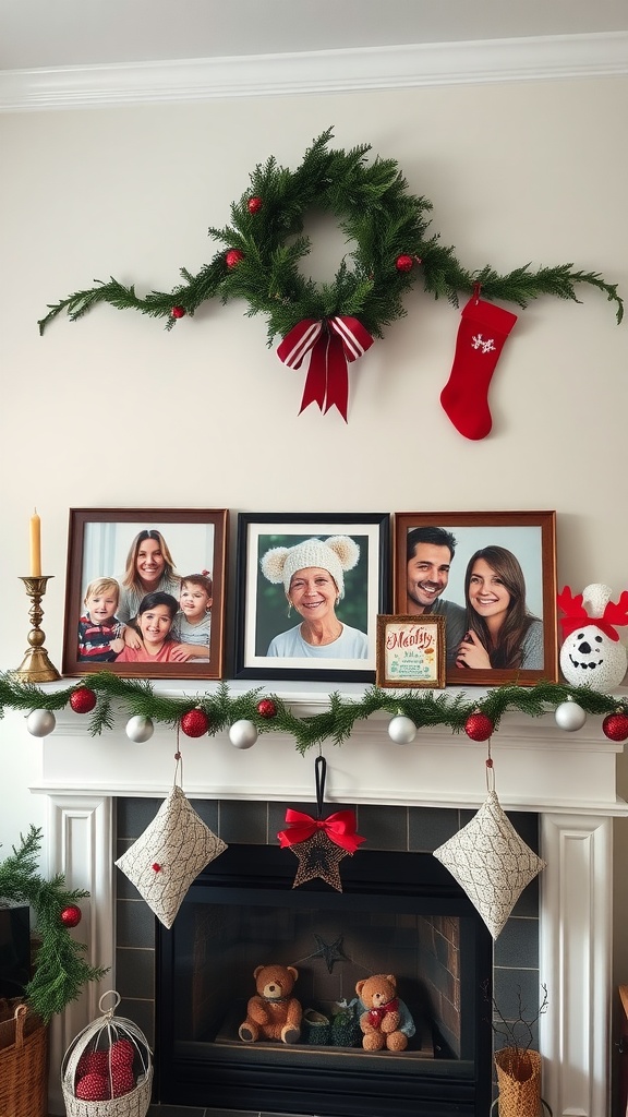 A decorated mantel featuring family photos, a festive wreath, a red stocking, and cute teddy bears, creating a warm holiday atmosphere.