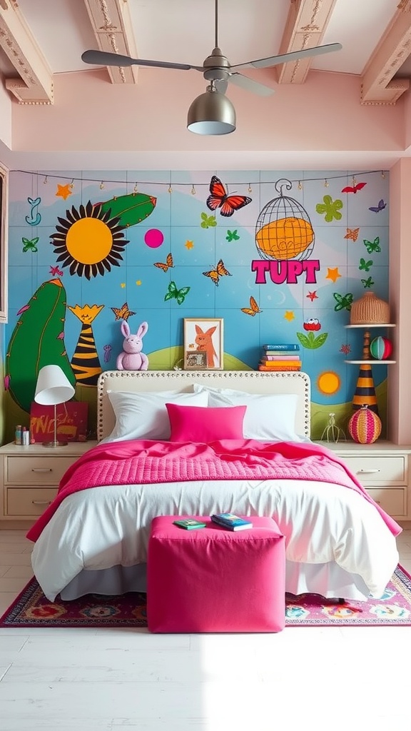 A colorful mural in a bedroom featuring butterflies, flowers, and a sun, with pink bedding and playful decor.