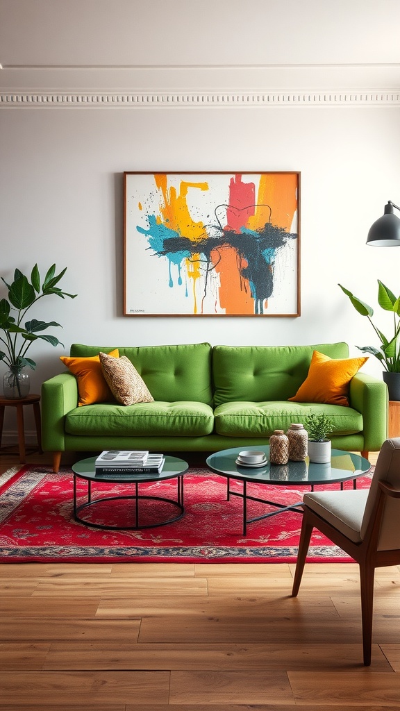 A bright green couch with orange pillows, surrounded by plants and colorful artwork in a cozy living room.