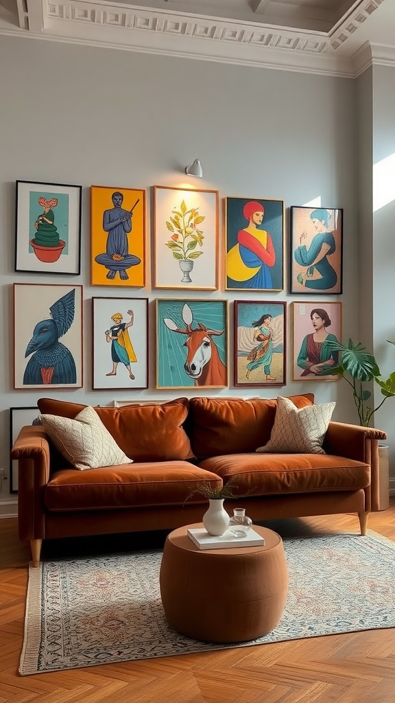 A cozy living room featuring a brown sofa, surrounded by a vibrant gallery wall of framed art.